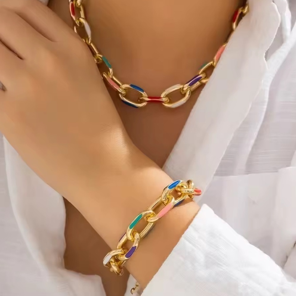 Multicolor Gold Chain Necklace and Bracelet Set